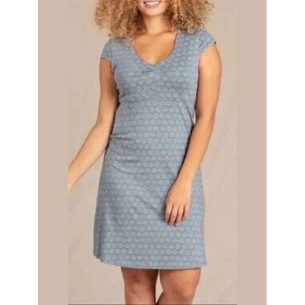 Toad & Co Rosemarie Dress Medium Blue Starburst Organic Cotton V-Neck Cap